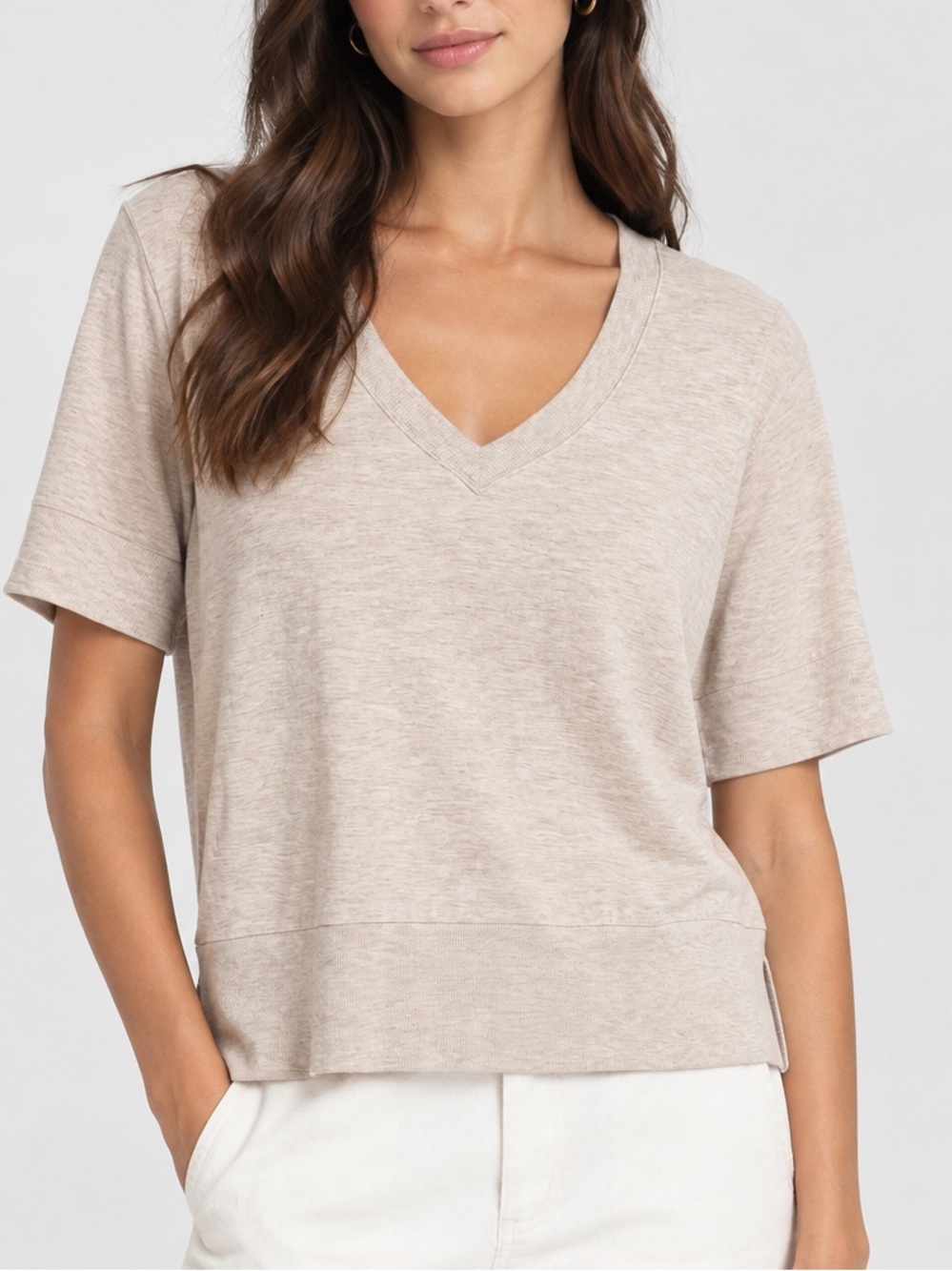 Athleta V-Neck Oatmeal Heather Short Sleeve Top